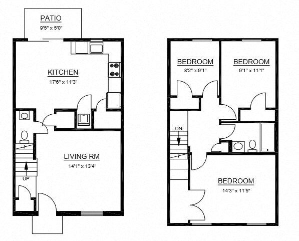 Floor plan for 3 beds, 1.5 baths, 1179 sqft